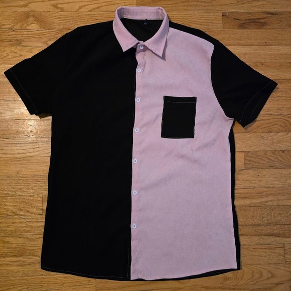 Men’s Romwe XL Button Down Shirt Short Sleeve Pink/Black 90s Style - Picture 1 of 5